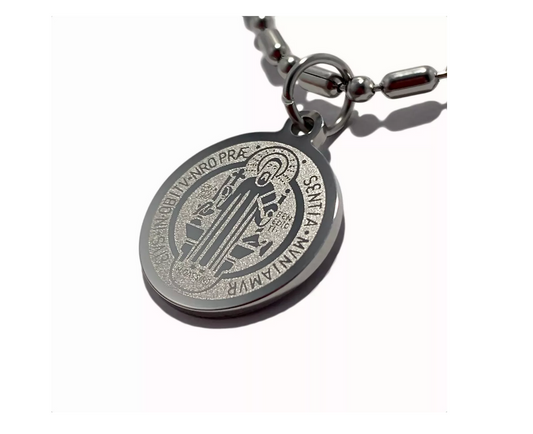 Dije circular de San Benito Grande en Acero Inoxidable