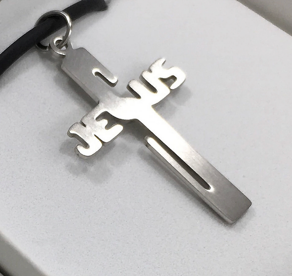 Dije Cruz letras Jesus en Acero Inoxidable