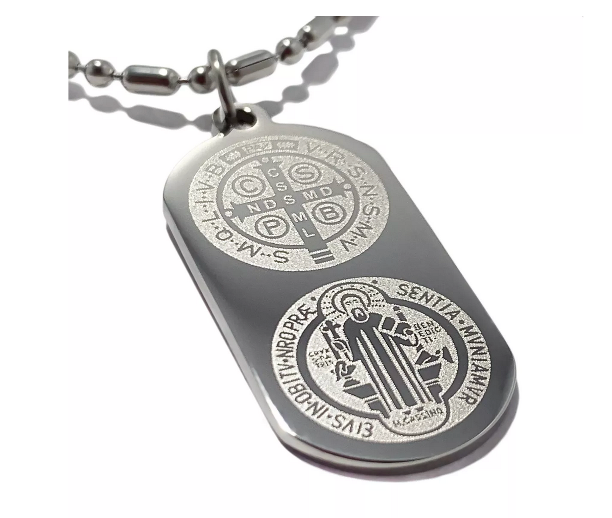 Dije tipo Placa de San Benito en Acero Inoxidable