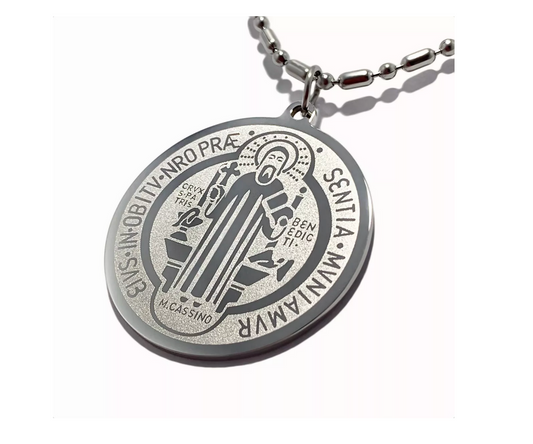 Dije circular de San Benito Grande en Acero Inoxidable