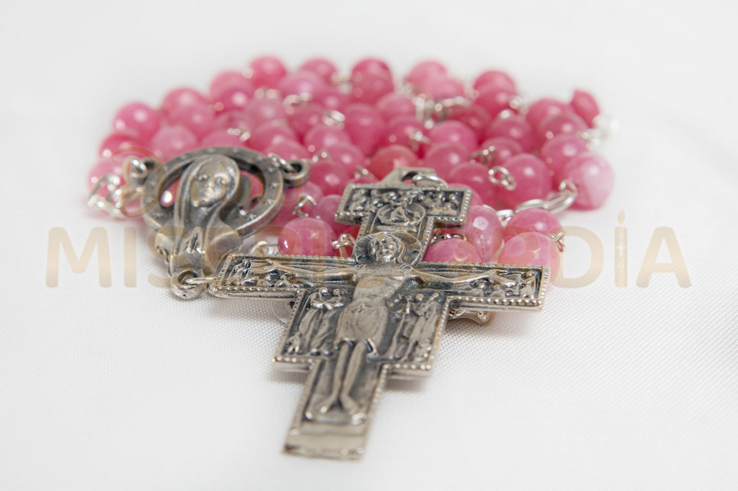 Rosario de Piedra Ágata Rosa con Cruz de San Damián JC