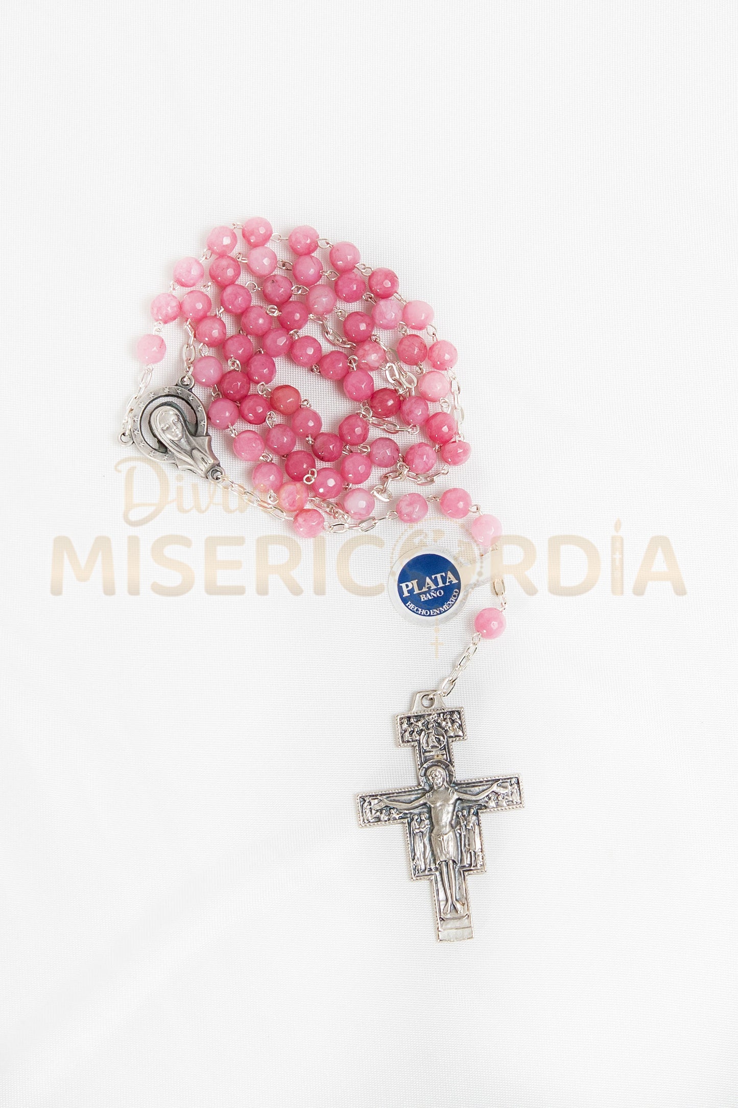 Rosario de Piedra Ágata Rosa con Cruz de San Damián JC
