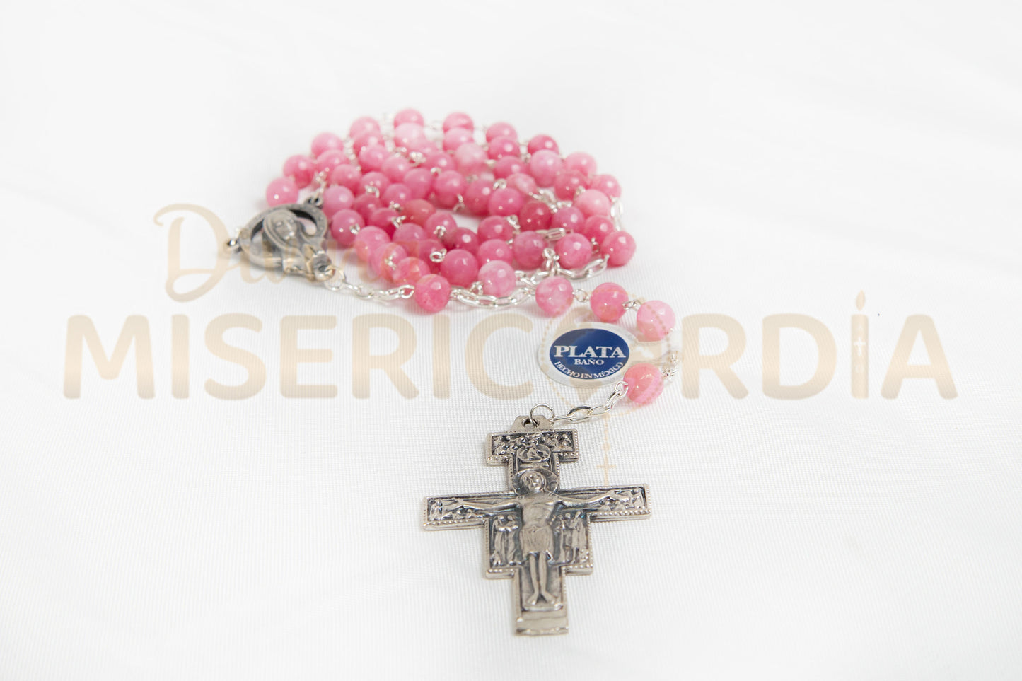 Rosario de Piedra Ágata Rosa con Cruz de San Damián JC