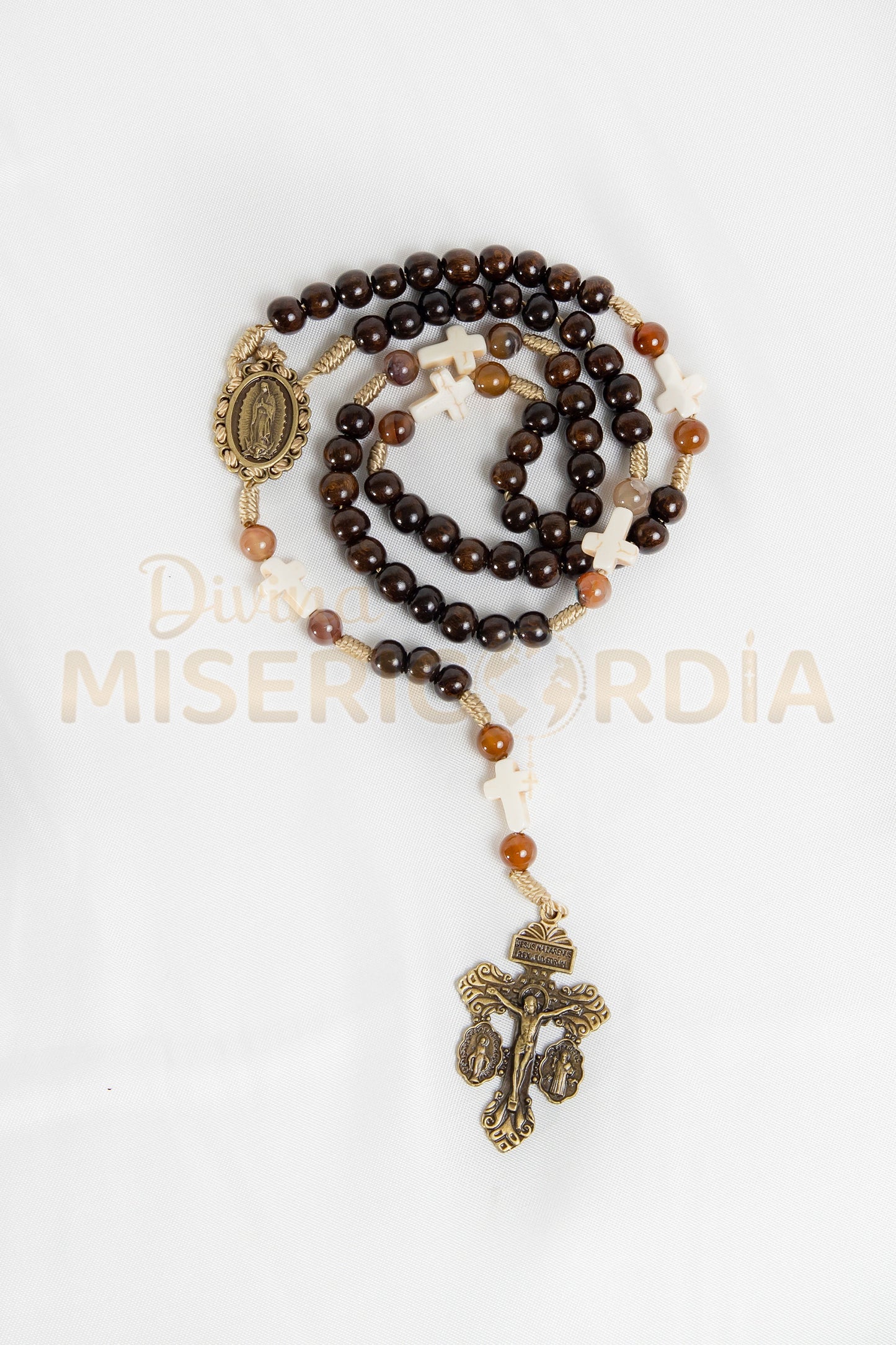 Rosario de Madera con 6 Cruces Onix - 12 piedras ágata - Cruz del Perdon JC